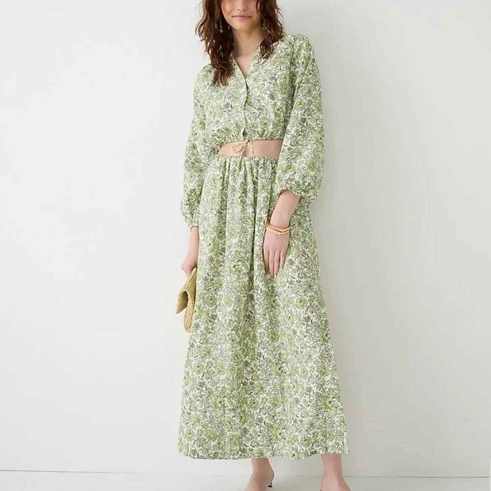 J Crew Women Green Floral 100 Linen 2 Piece Set Crop Top Maxi Skirt XS 0 Natural